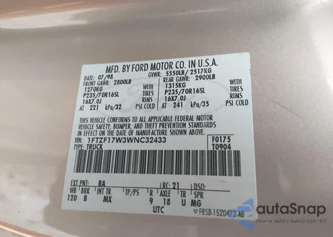 1998 Ford F-150 Lariat/Standard/Xl/Xlt from USA, damaged, VIN 1FTZF17W3WNC32433